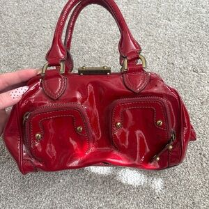 Cole Haan Red Patent Leather Satchel with Front Zip Pockets